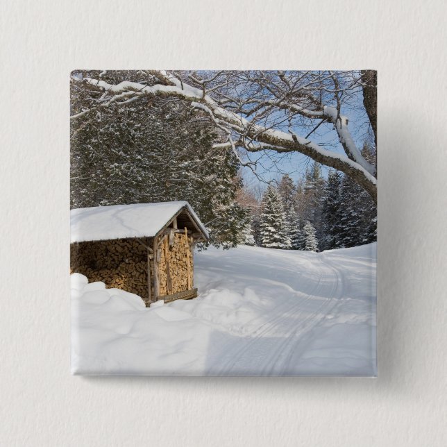 A snowy scene at the AMC's Little Lyford Pond 2 Inch Square Button (Front)