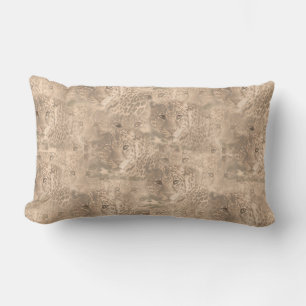 A soft tan colour repeat pattern of many leopards lumbar pillow