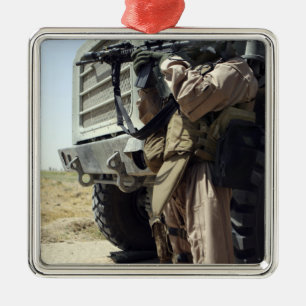 A soldier provides security for Marines Metal Ornament