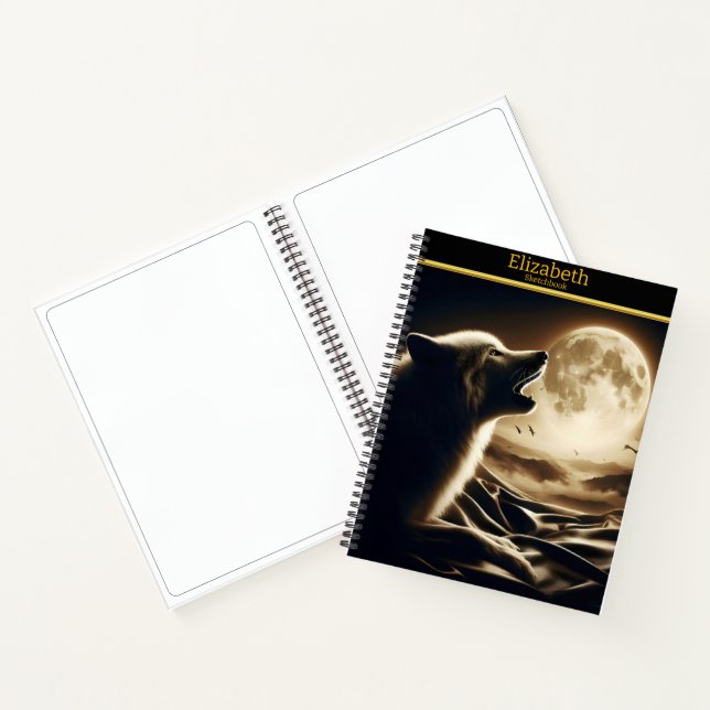 A solitary wolf's call beneath a radiant moon notebook (Inside)