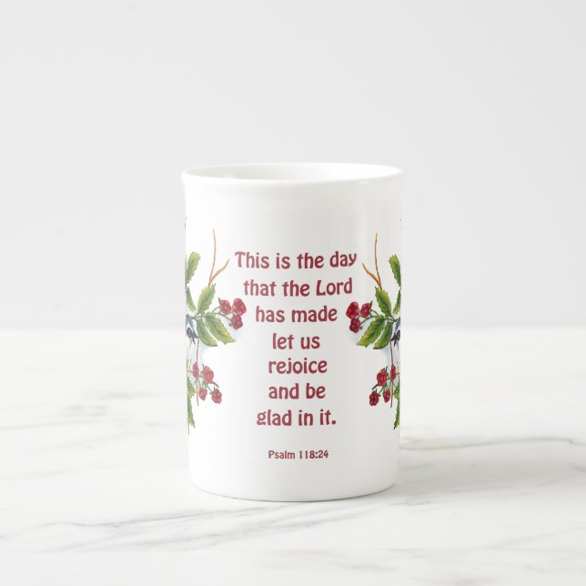 a songbird in a berry bush with scripture bone chi bone china mug (Front)