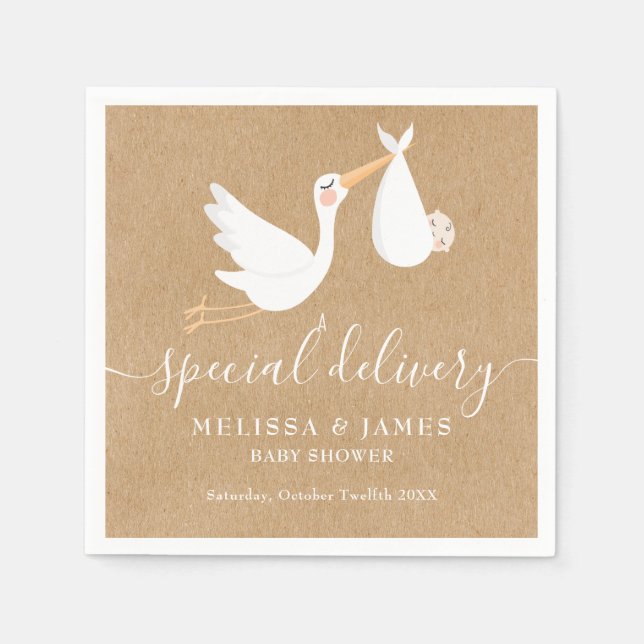 A Special Delivery Stork Couples Baby Shower Napkin (Front)