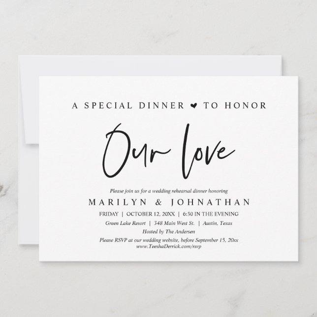 A Special Dinner To Honour Our Love, Rehearsal Invitation (Front)