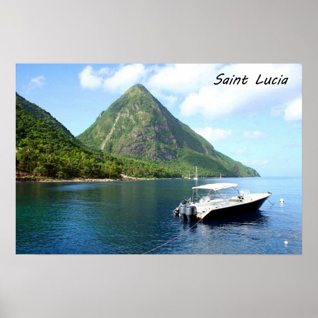 A speedboat in front of the Pitons in Saint Lucia Poster (Front)