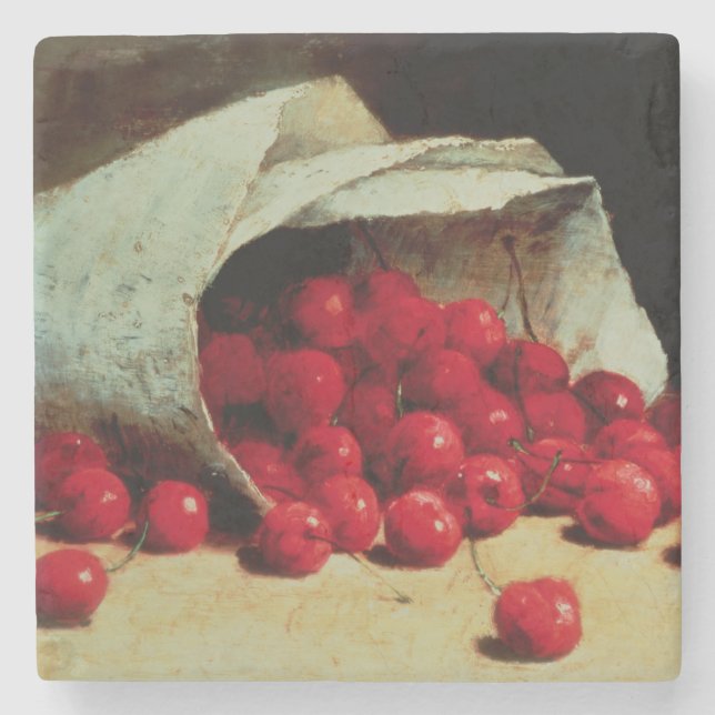 A spilled bag of cherries stone coaster (Front)