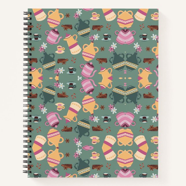 A spiral-bound notebook with a playful pattern (Front)
