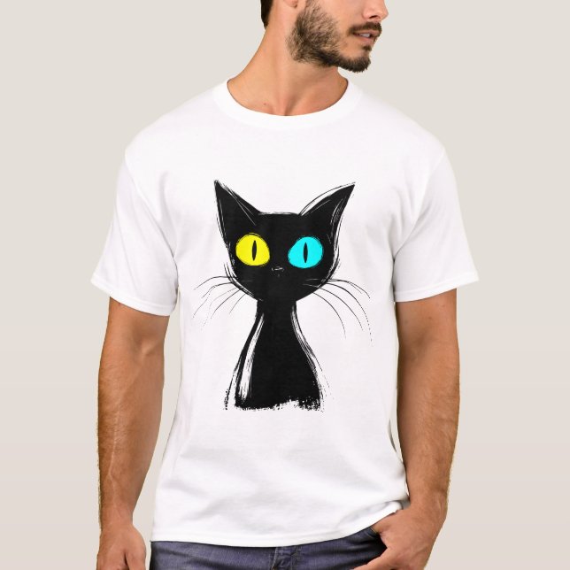 A spooky black cat with left blue and right yellow T-Shirt (Front)