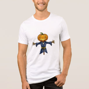 A spooky Halloween scarecrow with a glowing pumpki Tri-Blend Shirt