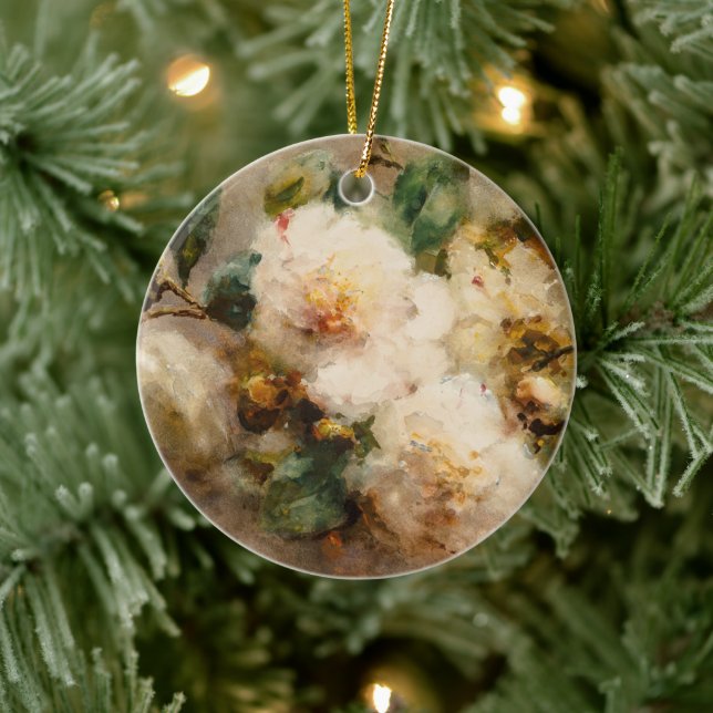 A spray of camellias hanging from a nail ceramic ornament (Tree)