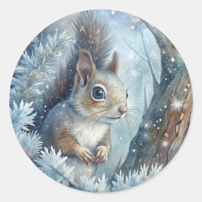 A Squirrel in Winter Classic Round Sticker (Front)