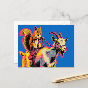 A Squirrel Riding a Goat Pop Art Postcard
