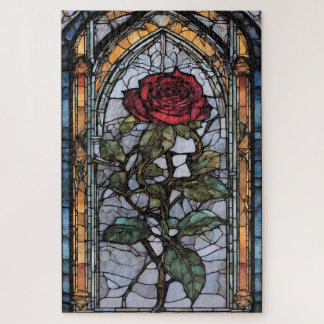 A Stained Glass Window with Dark Red Rose Jigsaw Puzzle