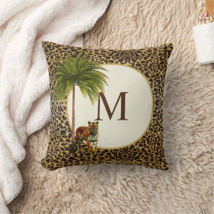 A Standing tiger on a leopard pattern Monogram Throw Pillow