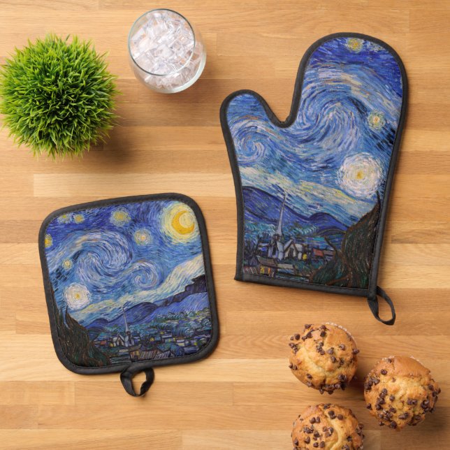 A Starry Night: Saint Remy by Vincent Van Gogh Oven Mitt & Pot Holder Set (Top Down)