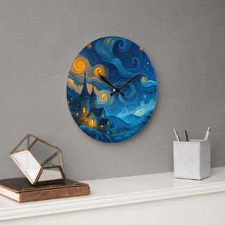 A starry night sky above country cottages large clock
