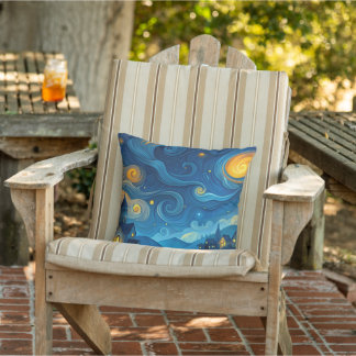 A starry night sky above country cottages outdoor pillow