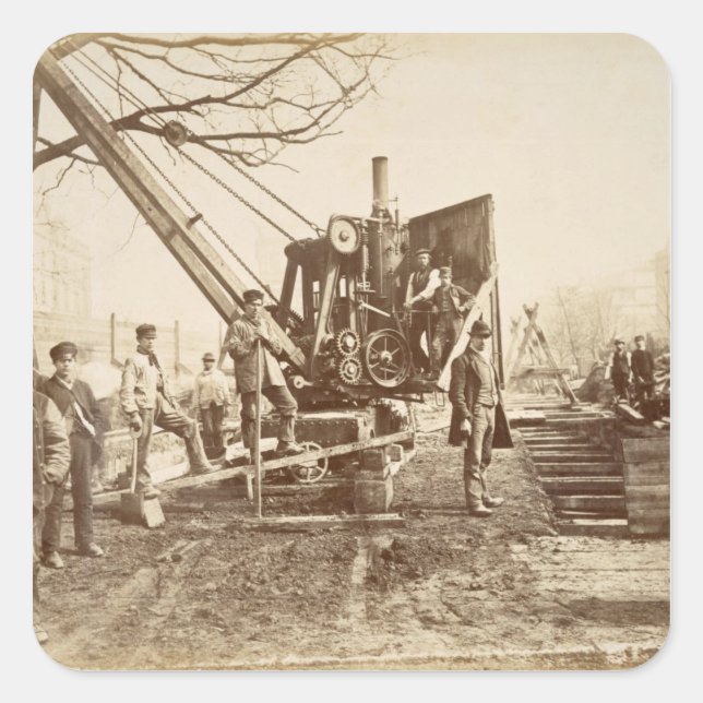 A steam crane in operation during the building of square sticker (Front)