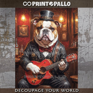 A steampunk bulldog playing guitar in pub - tissue paper