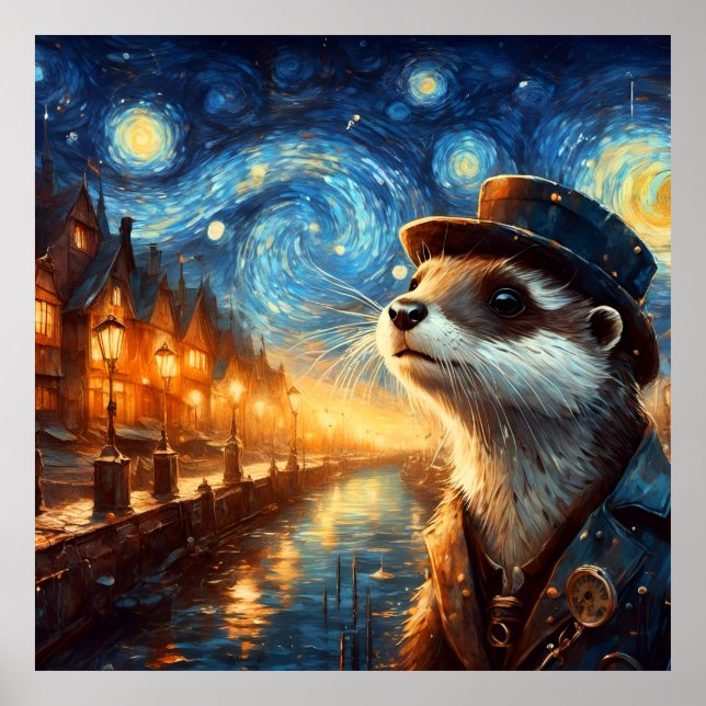 A Steampunk Otter in The Starry Night Poster (Front)