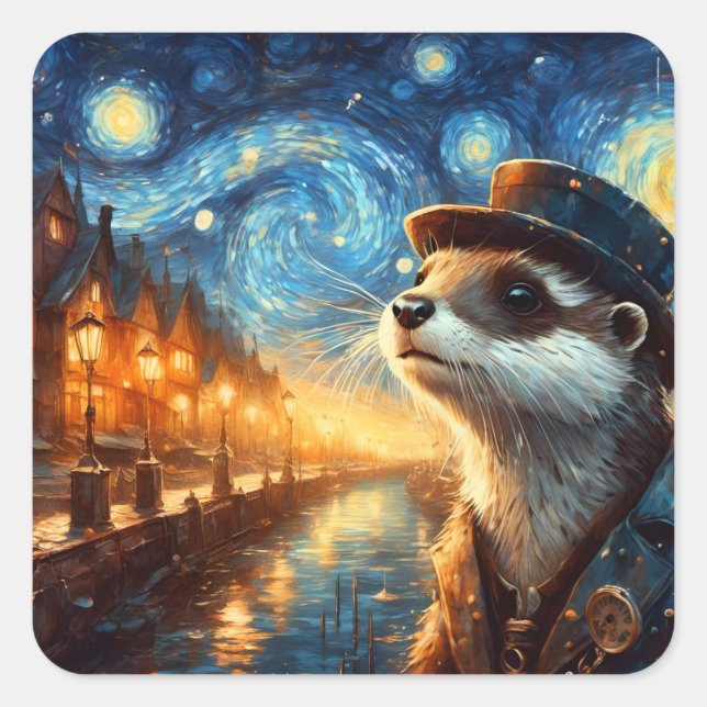 A Steampunk Otter in The Starry Night Square Sticker (Front)