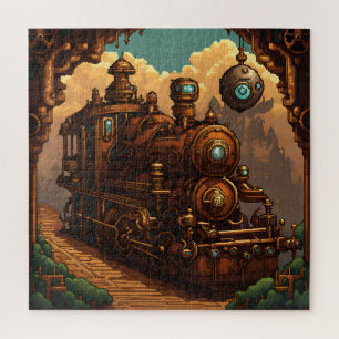 A steampunk train at pixel art jigsaw puzzle