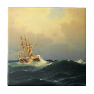 A steamship in a storm in the Atlantic Ocean Tile