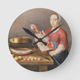A Still Life of Meat and Fish with a Cook Round Clock