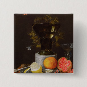 A Still Life with a Glass and Fruit on a Ledge 2 Inch Square Button