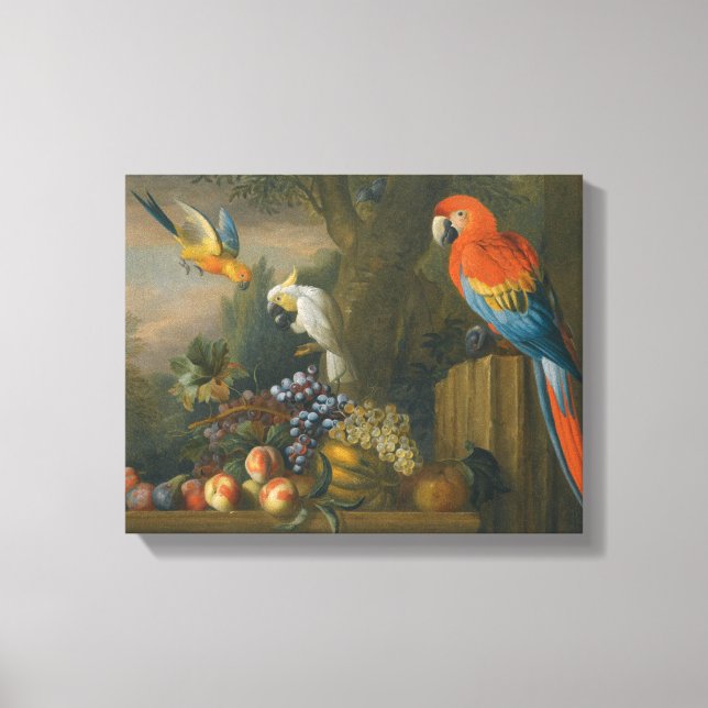 A Still Life With Fruit, Parrots And a Cockatoo Canvas Print (Front)