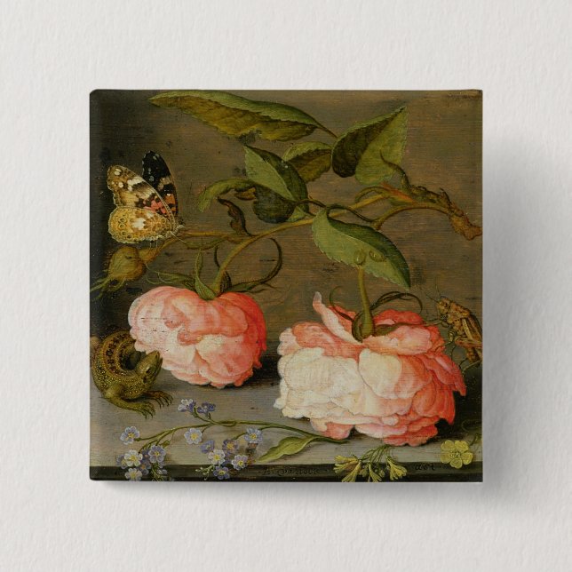 A Still Life with Roses on a Ledge 2 Inch Square Button (Front)