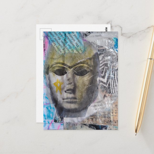 A stone face Abstract Mixed Media Collage Postcard (Front/Back In Situ)