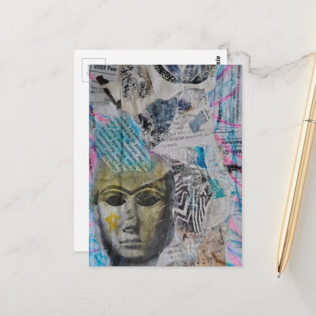 A stone face Abstract Mixed Media Collage Postcard