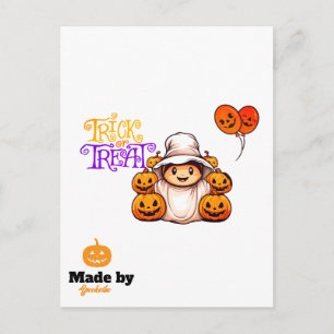 A straw man with a pumpkin smiling in horror postcard