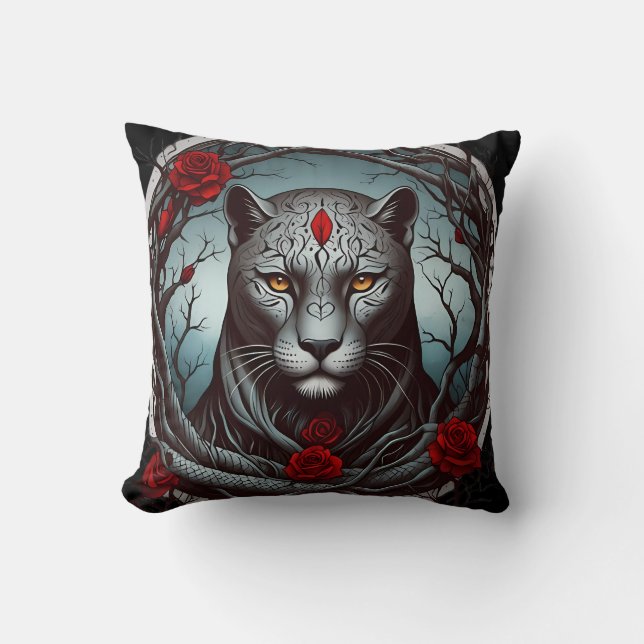 A striking illustration of a panther throw pillow (Front)