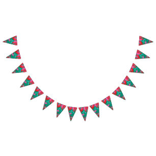 A striking red and green scarf with floral and lea bunting flags
