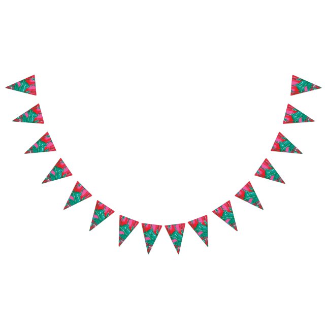 A striking red and green scarf with floral and lea bunting flags (All)