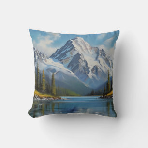 A stunning oil painting of a majestic mountain throw pillow