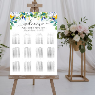 A stylish floral yellow blue wedding seating chart
