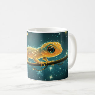 A stylized and luminous gecko, creatively designed coffee mug