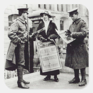 A Suffragette selling newspapers to two Square Sticker