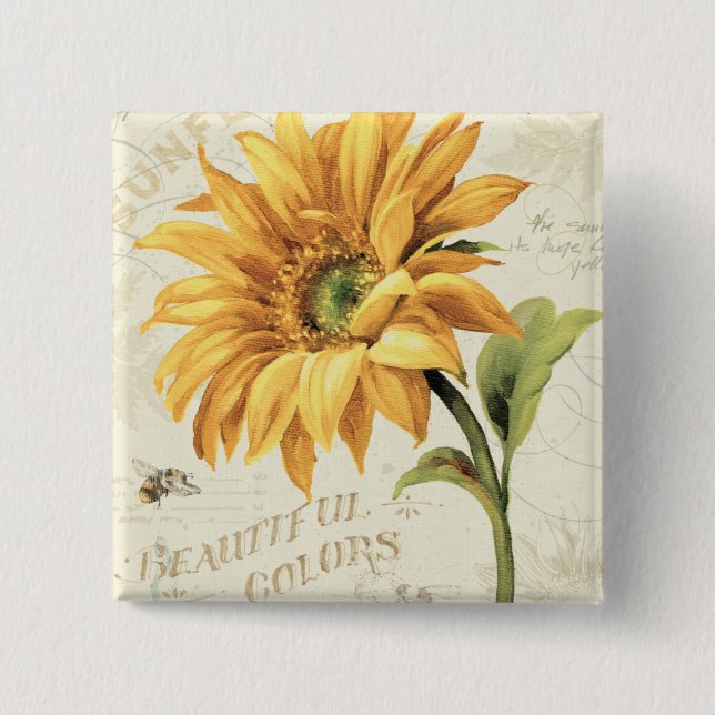 A Sunflower in Full Bloom 2 Inch Square Button (Front)
