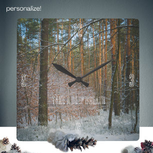 A sunny winter day in the pine forest square wall clock