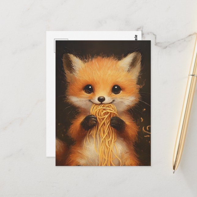 A super cute baby red fox eating spaghetti postcard (Front/Back In Situ)
