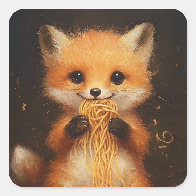 A super cute baby red fox eating spaghetti square sticker (Front)