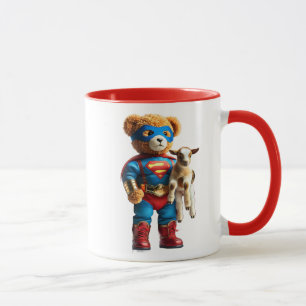A superhero bear holding a kid. mug