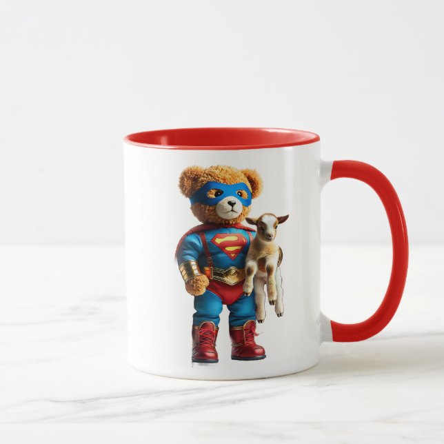A superhero bear holding a kid. mug (Right)