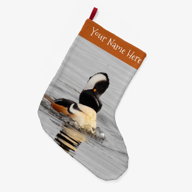 A Surprised Hooded Merganser Duck Large Christmas Stocking (Front (Hanging))