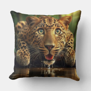 A Surprised Look on Leopard Caught Drinking Throw Pillow