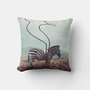 A surreal image of a zebra and two of its black st throw pillow
