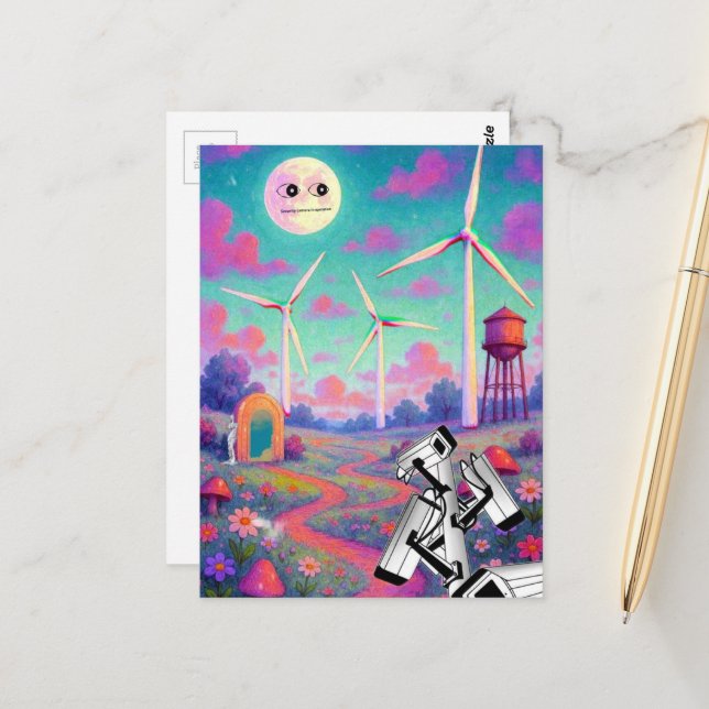 A surreal surveillance scene in a meadow postcard (Front/Back In Situ)